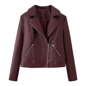 Burgundy leather jacket for women